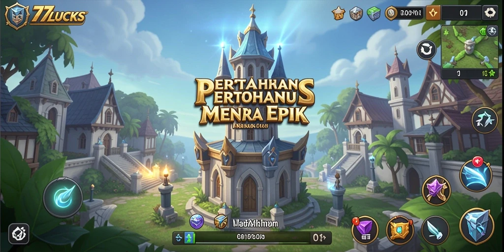 Screenshot 77LUCKS menunjukkan aksi seru dalam membangun menara pertahanan.