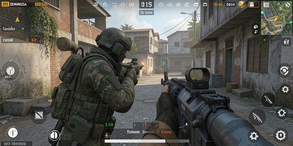 Tangkapan layar menunjukkan aksi pertempuran FPS menegangkan di DEWANUSA.